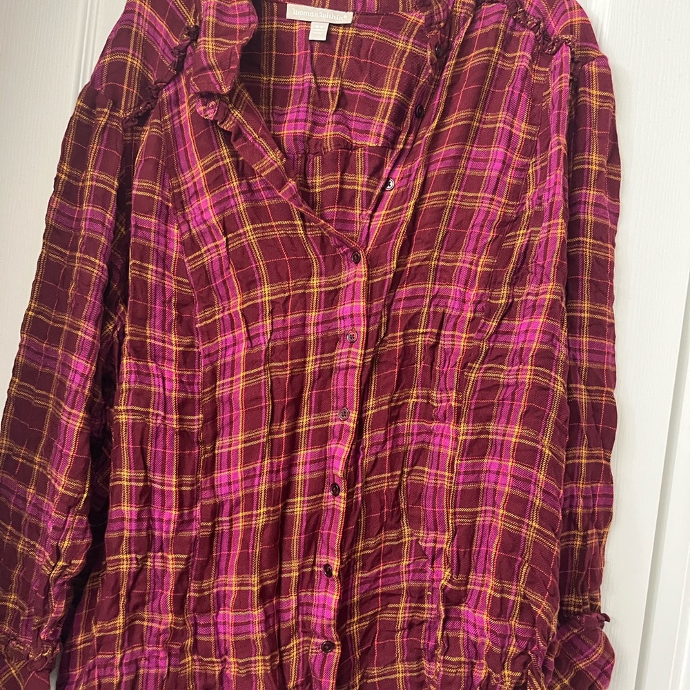 Woman Within Burgundy and Mustard Plaid Shirt